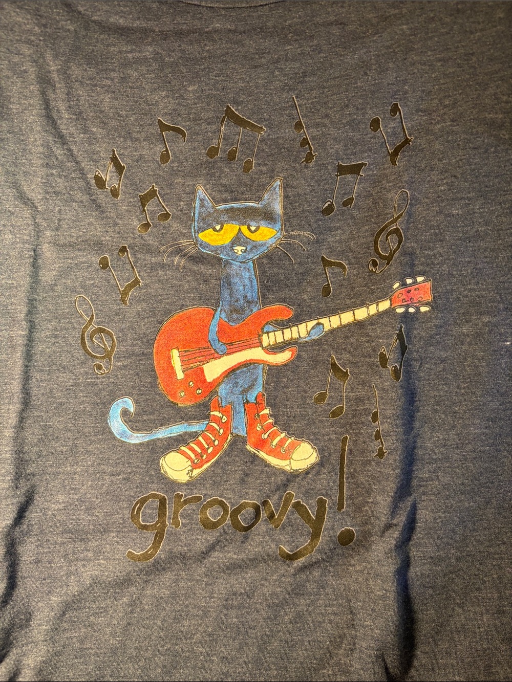 Groovy Cat Guitar Pet Tee in Gray with Blue Cat and Red Guitar